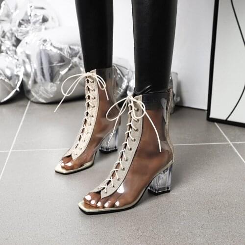 Catwalk Fashion Transparent Sandals Crystal Square Heel PVC Breathable Summer Boots T-Shaped Straps Trendy Nightclub Womens