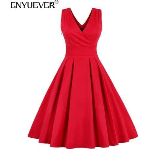 Enyuever Elegant Red Dress Women Clothing Sleeveless Cotton V Neck High Waist Robe Pin Up Swing Retro Vintage Party Casual Dress