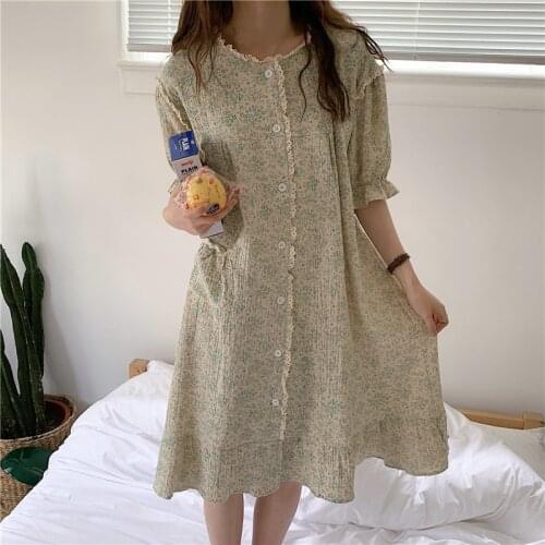 Cotton Nightdress Print Sleepshirts Long Sleepdress Women Lace Vintage Ladies Sexy Hot Erotic Home Suit Lolita Robe Pink