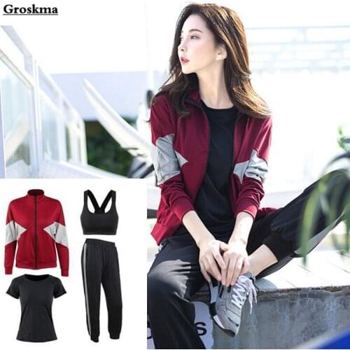 4 piece set women fintess gym jackets+t shirt+bra+harem pants quick dry yoga outdoor sportswear clothing training tracksuits