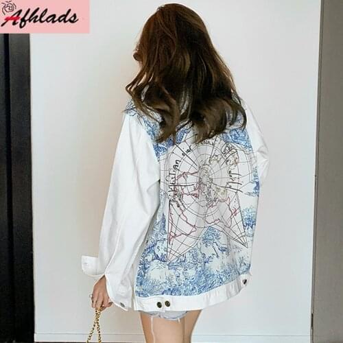 White Print Denim Jacket Coats Women Spring And Autumn Korean Loose Single-Breasted Plus Size Casual Female Fashion Outerwear