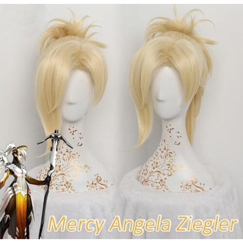 OW Mercy Wig For Women 35cm/13.78in Blonde Heat Resistant Hair Game OW Angela Ziegler Mercy Cosplay Wig Synthetic Hair