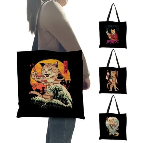 2021 Summer New Black Handbags Japanese Ukiyoe Style Cat Warrior Knight Print Women Tote Reusable Shopping Bags for Supermarket