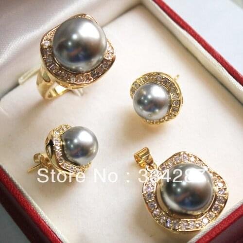 New Listed! Gray South Sea Shell Pearl Ring Pendant Earring Jewelry Set