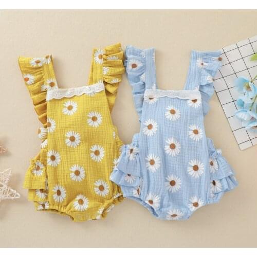 OPPERIAYA Newborn Backless Casual Daisy Pattern Bow Bodysuit Baby Girls Summer Ruffle Sleeve Square Collar Playsuit
