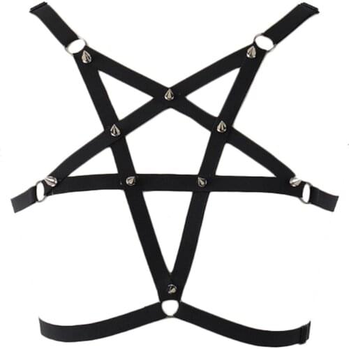 Pentagram Body Harness Bra Pastel Goth Sexy Lingerie Rivet Woman Open Chest Bondage Cage Bra Star Body Belt