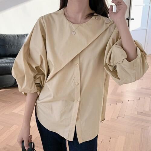 O Neck Puff Long Sleeve Pullover Blouse Women Irregular Design Solid Blusas Spring 2021 New Loose Shirt Feminino Wild