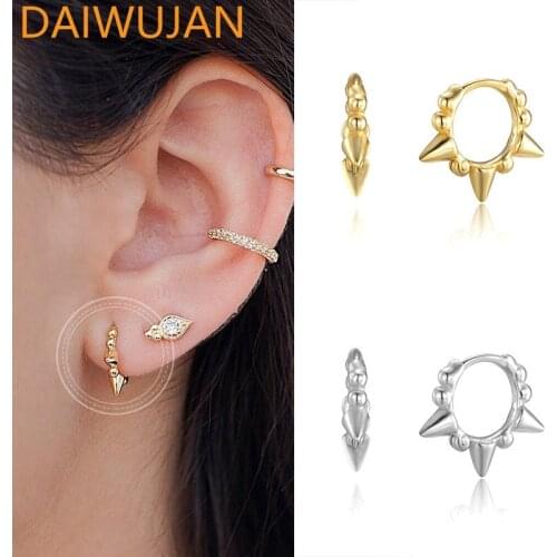 DAIWUJAN Real 925 Sterling Silver Hoop Earrings Punk Glossy Beads Rivet Circle Round Earrings For Women Party Jewelry Mujer