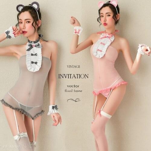 Sexy underwear female stockings uniform temptation cute bunny bear flirting passion sexy neck bow tie jumpsuit Neko ears