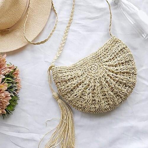 Summer Beach Boho Women Straw Tassel Semicircle Zipper Crossbody Shoulder Bag