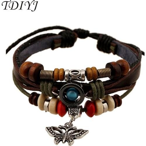 TDIYJ Genuine Multilayers Butterfly Charms Wooden Beads Leather Bracelets Punk Adjustable Bracelet for Women 5Pcs/lot