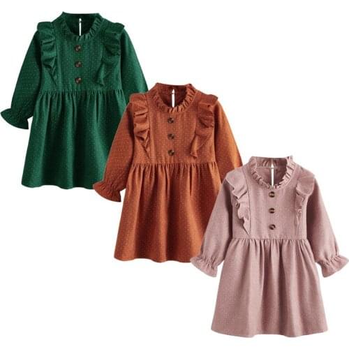 Baby Girls Party Fashion Dress Fall Spring Dot Printing Ruffled Round Neck A-line Princess Dresses For Toddler Kids