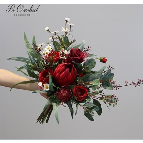 PEORCHID Vintage Red Wedding Bouquet Bridal Artificial Holding flowers Eucalyptus Green Ramo De Novia Bridesmaid Bouquet