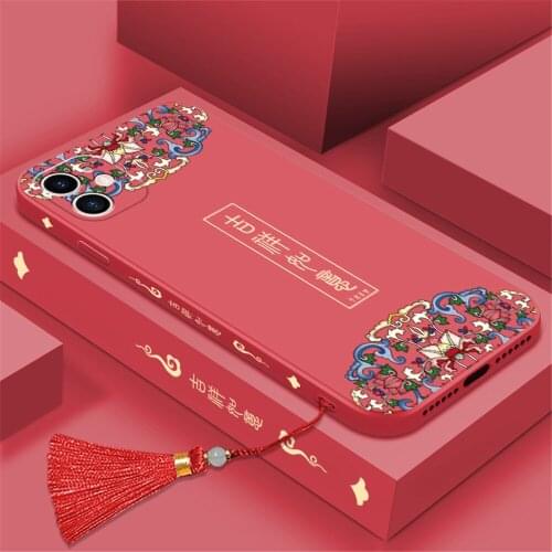 Protective Phone Case for iPhone 11 Chinese Vintage Pattern Soft Sleeve with Tassel Decor Liquid Silicone Anti-fall Shell