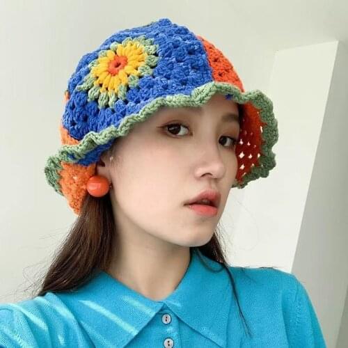 Hollow Out Sunflower Knitted Bucket Hat for Women Fisherman Hat Handmade Crochet Basin Hat Summer Fall Sunscreen Sun Hat Bonnet