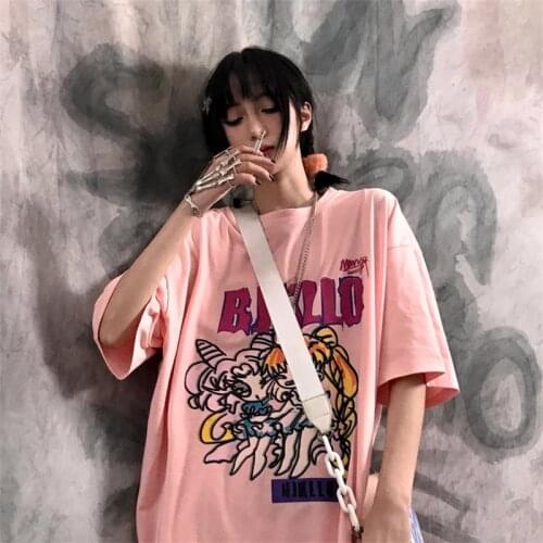 Vintage Loli Girl Loose T-shirt Female Korean Harajuku Womens T-shirts Tops Japanese Kawaii Ladies Ulzzang Clothes For Women