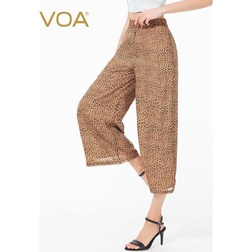 VOA Silk Leopard Yellow Printing Silk Tendon Waist Receiving Pleat Face in Double Loose Simple Light Wide Leg Pants Female KJ0