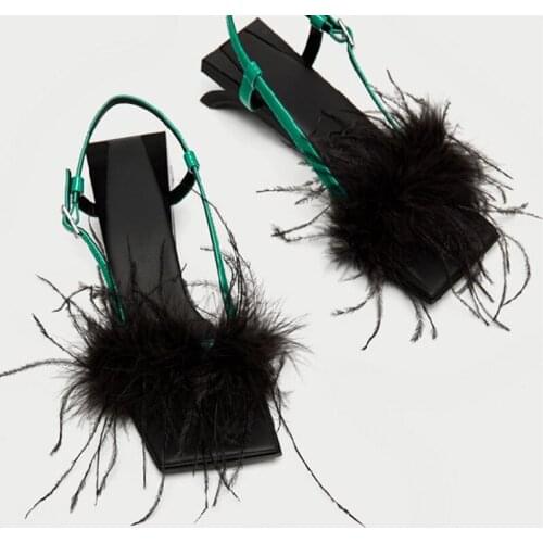 Sandalias Mujer 2019 Strange Style Summer Shoes Women Heels Sexy Square Toe Ladies Sandals Mixed Colors Faux Fur Wedding Shoes