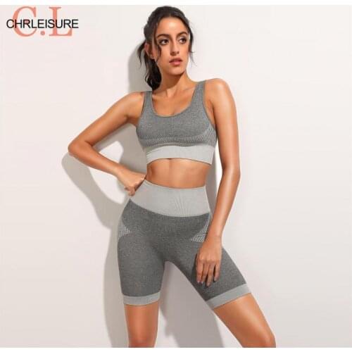 CHRLEISURE Woman Tracksuit Sports Two Piece Set Seamless Bra+Biker Shorts Set Sports Suit Push Up Bras Fitness Tracksuit