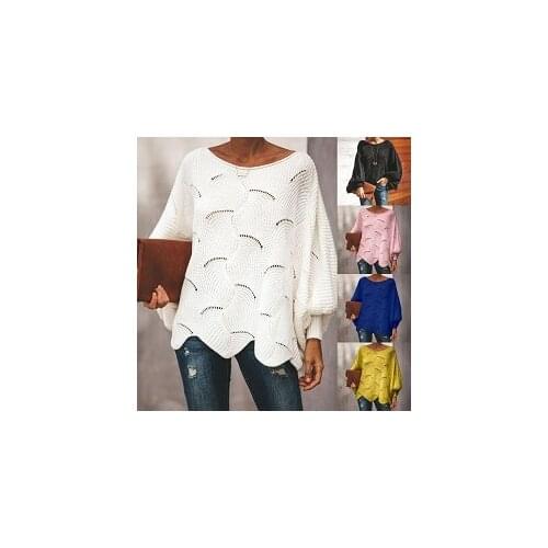 Women Loose Knitted Sweater Casual Oversized Soft Lantern Sleeve Hollow Out Pullover Fashion O-Neck Solid Female Sweaters Jumper