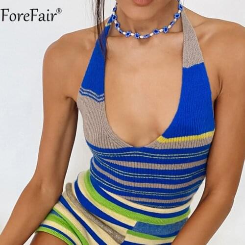 Forefair V Neck Women Blue Crop Top Summer Knit Bandage Off Shoulder Backless Print Halter Sexy Y2k Top Tank 2021 Beach Casual
