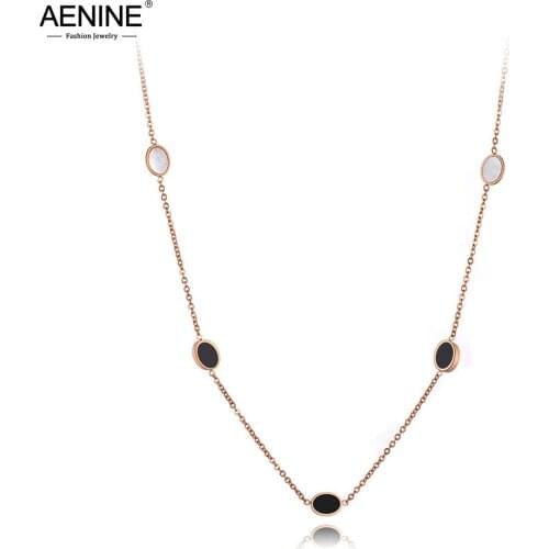 AENINE Fashion Stainless Steel Oval Black Acrylic & White Shell Chain Pendant Necklaces For Women Girls Choker Necklace AN19171