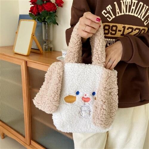 Winter Soft Plush Women Shoulder Bags Embroidery Cute Dog Ears Ladies Purse Handbags Artificial Lamb Wool Girl Small Casual Tote
