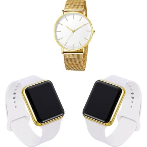 Gold Simple Style Men Ultra Thin Business Stainless Steel Mesh Belt Quartz Wristwatches + 2 Digital Watch Combination For VIP