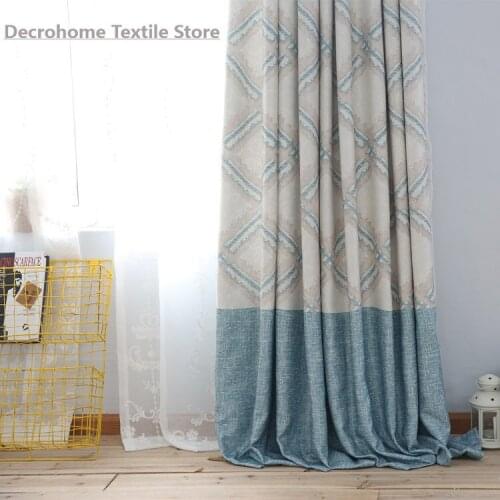 2020 New Style Simple Blue Curtain Cross Printing Imitation Linen Shade Cloth Living Room Bedroom Childrens Room Curtain