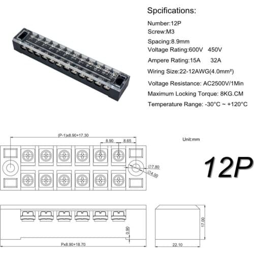5Pcs Dual Row 12P Screw Barrier Terminal Blocks Fork Terminal Barrier Strips Kit