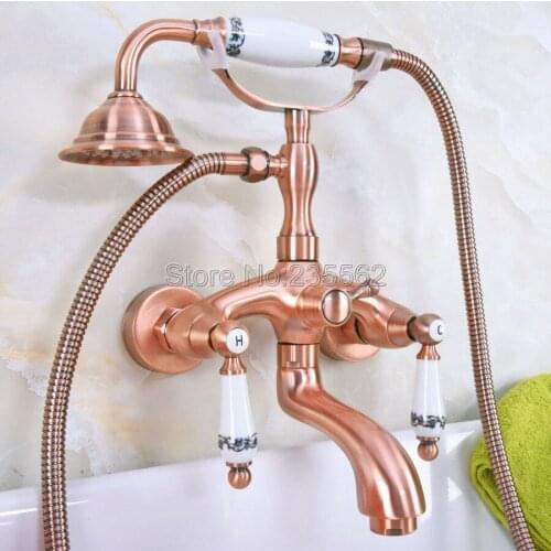 Antique Red Copper Clawfoot Bath Tub Faucet Mixer Tap Telephone Hand Held Shower lna312