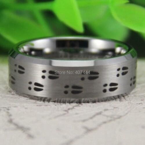 Free Shipping YGK JEWELRY Hot Sales 8MM Satin Silver Bevel Hunting Deer Tracks Mens Comfort Fit Tungsten Ring