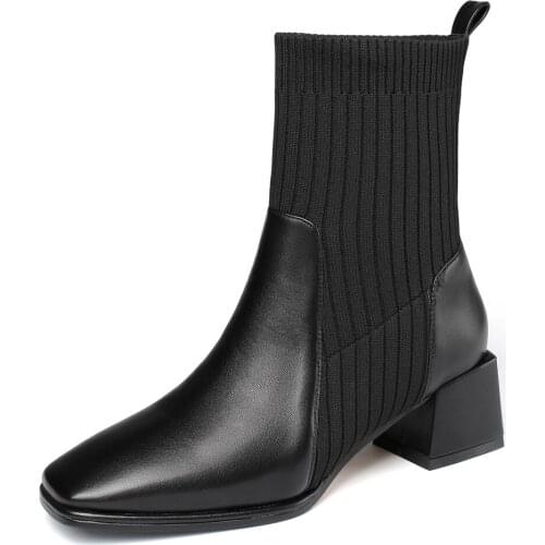 Thick-Heeled Microfiber Stitching Knitted Wool Brown Ankle Boots Beige Square Head Simple All-Match Socks Shoes Size 43 Women