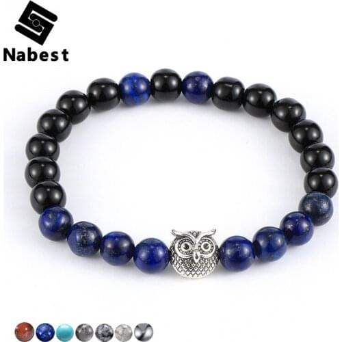 Men Natural Stone Lapis Lazuli Tiger Eye Hematite Bracelets 8mm Beads Alloy Owl Head Charm Bangle Wrist Chain Jewelry 19-22cm