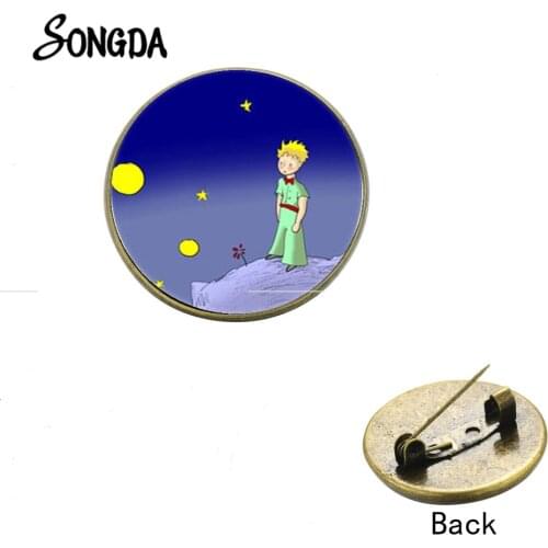 Prince and Fox Glass Brooch Little Boy Literary Cartoon Style Figure Moon Image Bronze Color Pins Badge Childrens Gift