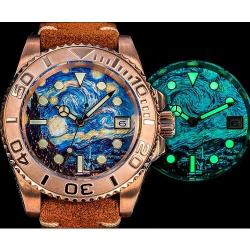 Mens Bronze Diver Watch Luminous Dial Pattern Van Gogh Oil Painting Bronze Case NH35A Automatic Vintage Mechanical Water Ghost