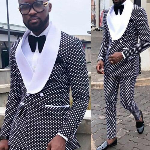Formal Mens Suit Groom Shawl Lapel Polka Dots Tuxedos Wedding Slim Fit Suit Business Work Wear 2pcs Blazer and Pants