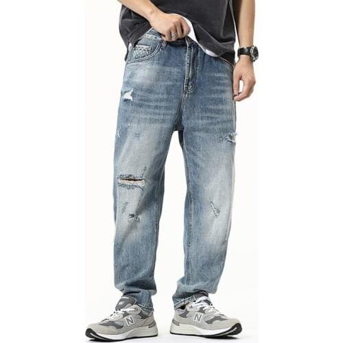 Baggy Ripped Jeans Loose Nine Denim Pants Boyfriend Jean Mens Clothing Hip Hop Leisure Fashion Mens Trousers Punk Clothes