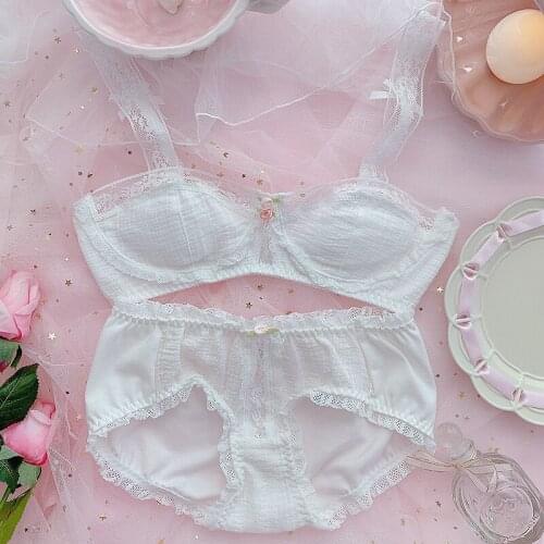Kawaii Lingerie Womens French Lace Flower Bra and Panty Set Japanese Lolita Girl Breathable Underwear Sexy Bras White Intimate