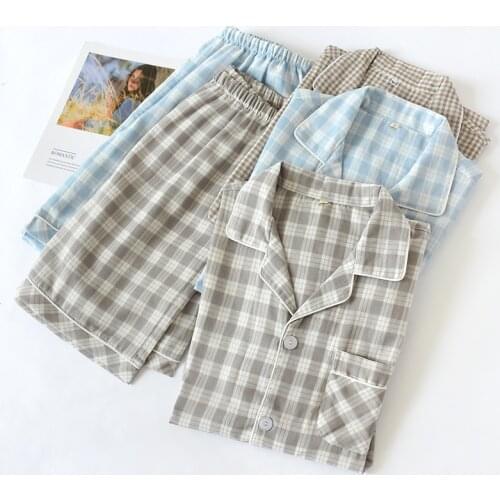 New Mens Summer Pajamas Set Cotton Gauze Short-sleeved Nightwear with Shorts Thin Simple Plaid Comfortable Mens Home Wear