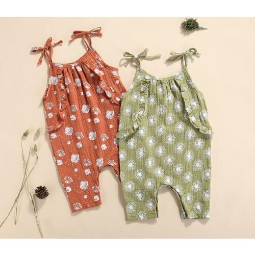 Summer Baby Girls Casual Romper Floral Printed Pattern Tie-up Sleeveless U-shaped Collar Ruffle Jumpsuit