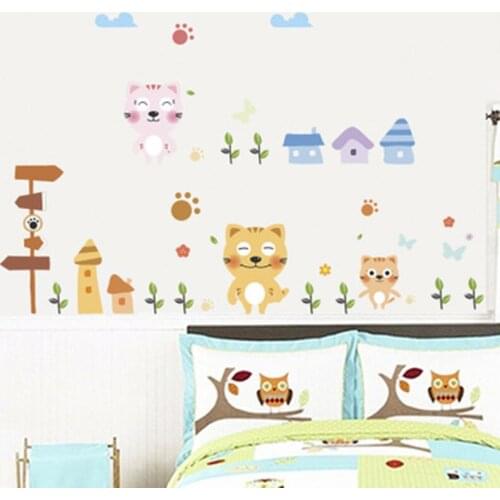 Cartoon Cat Wall Decals Kids Infant Room Grass Mushroom Butterfly Sun Flowers Birdhouse Wall Mural Poster Home Decor Wallpaper