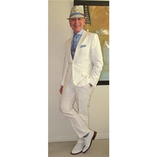 2020 Costume Homme Ivory White Linen Wedding Men Suit 2 Pieces (Jacket+Pants) Casual Summer Stylish Prom Slim Fit Blazer For Men