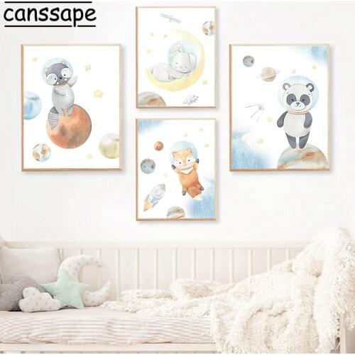 Nursery Wall Poster Raccoon Rabbit Painting Panda Fox Art Prints Space Ship Canvas Paintings Nordic Pictures Boys Bedroom Decor