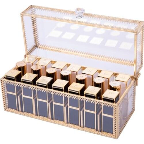 21 Slots Lipstick Organizer Metal Glass Dustproof Lipstick Storage Box Cosmetic Lip Gross Female Desktop Finishing Organizer