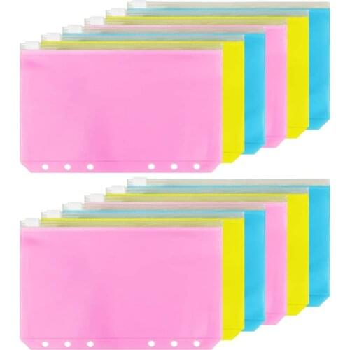 A6 Binder Pocket Colorful 6 Holes Loose Leaf Zipper Bag Plastic Binder Zipper Folders Waterproof File Bags for Documents Sticker