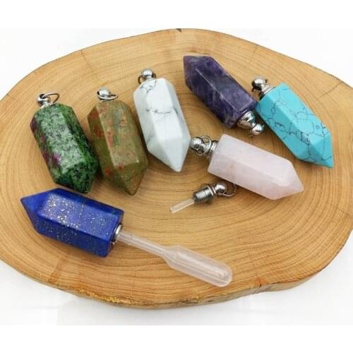 Stainless steel Pendant natural gems Hexagon prism vial Crystal Quartz Perfume Bottle silver plated diffuser charm for necklace