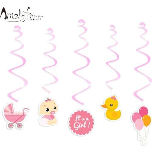 Girl Baby Shower Theme Ceiling Hanging Swirl Decorations Pink Duck Baby Carriage Grand Event Birthday Party Decorations Supplies