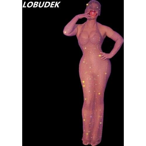 Singer Stage Wear Nude Mesh Rhinestones Sexy Transparent Backless Halter Long Dress Birthday Celebrate Evening Party Costume