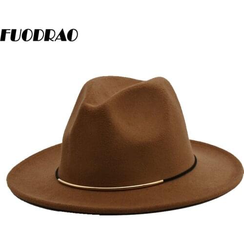 FUODRAO New Fashion Fedoras For Women Spring Wool Hats Men Black Jazz Caps Wide Brim Gentleman Elegant Chapeau Femme F14